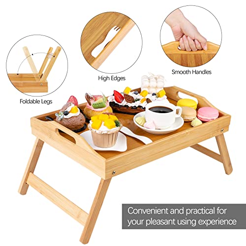 Aodaer 2 Pack Natural Bed Tray Table with Folding Legs Kids Portable Serving Platters Tray with Handles Large Serving Tray Breakfast Food Tray for Bed, Sofa, Kitchen, Eating, Working