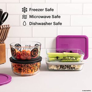 Pyrex 8-Pc Glass Food Storage Container Set, Includes (2) 4-Cup Round Glass Containers, (2) 3-Cup Rectangle Glass Containers, Meal Prep Containers with Lid, Disney's Marvel's Black Panther