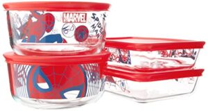 pyrex 8-pc glass food storage container set, includes (2) 4-cup round glass containers, (2) 3-cup rectangle glass containers, meal prep containers with lid, disney's marvel's spider-man