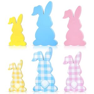 3 pieces easter decor bunny tiered tray decoration table wooden sign buffalo plaid spring rabbit shape wood tabletop decoration for easter party desk (vivid style)
