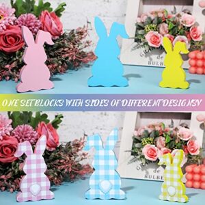 3 Pieces Easter Decor Bunny Tiered Tray Decoration Table Wooden Sign Buffalo Plaid Spring Rabbit Shape Wood Tabletop Decoration for Easter Party Desk (Vivid Style)