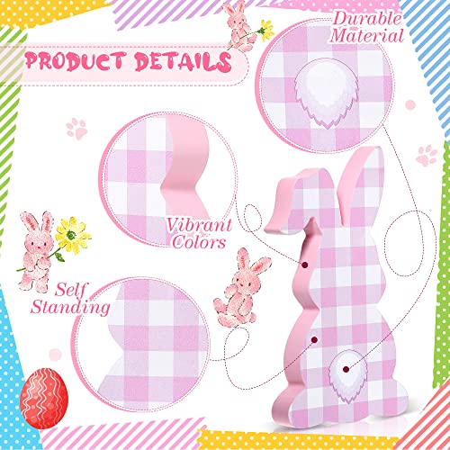 3 Pieces Easter Decor Bunny Tiered Tray Decoration Table Wooden Sign Buffalo Plaid Spring Rabbit Shape Wood Tabletop Decoration for Easter Party Desk (Vivid Style)