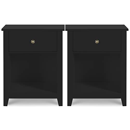 Vikiullf Black Nightstands with Drawer - Set of 2 Modern Bedroom Night Stands, Wood Bedside Tables with 1 Storage Drawer and Open Shelf, 23.8”H