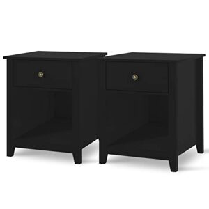 Vikiullf Black Nightstands with Drawer - Set of 2 Modern Bedroom Night Stands, Wood Bedside Tables with 1 Storage Drawer and Open Shelf, 23.8”H