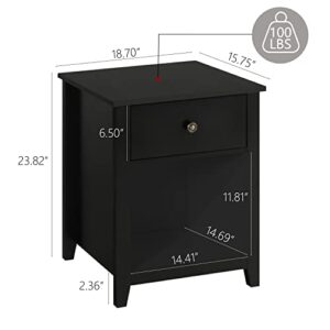 Vikiullf Black Nightstands with Drawer - Set of 2 Modern Bedroom Night Stands, Wood Bedside Tables with 1 Storage Drawer and Open Shelf, 23.8”H