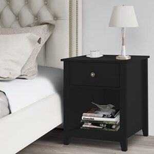 Vikiullf Black Nightstands with Drawer - Set of 2 Modern Bedroom Night Stands, Wood Bedside Tables with 1 Storage Drawer and Open Shelf, 23.8”H