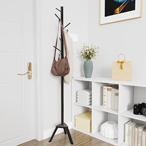 Sywhitta Coat Rack Stand, Premium Bamboo Free Standing Coat Rack with 6 Hooks, Easy Installation Clothes Hanger Stand, Black