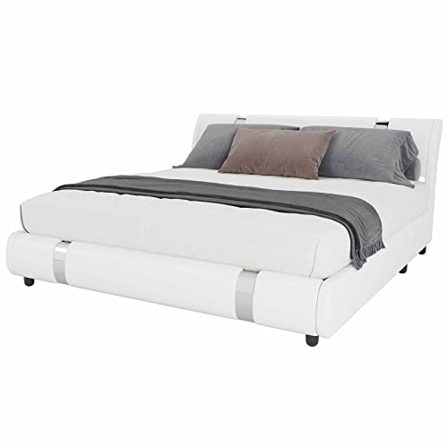 Keyluv Modern Faux Leather Upholstered Platform Bed Frame with Mirror Metal Decoration Headboard, Curved Headboard, Wooden Slats Support, No Box Spring Needed, Queen Size, White