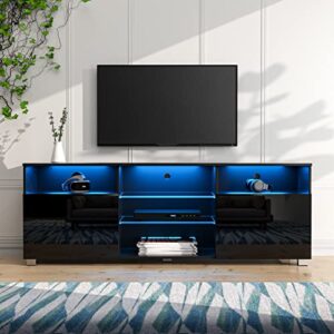 led tv stand for 65 inch tvs, modern tv stand with led lights and high glossy cabinets, game console entertainment center with storage shelves and media layers for living room bedroom (black, 57inch)…
