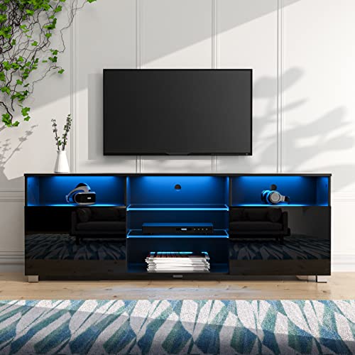 LED TV Stand for 65 inch TVs, Modern TV Stand with LED Lights and High Glossy Cabinets, Game Console Entertainment Center with Storage Shelves and Media Layers for Living Room Bedroom (Black, 57inch)…