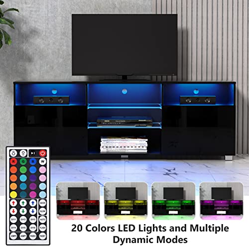 LED TV Stand for 65 inch TVs, Modern TV Stand with LED Lights and High Glossy Cabinets, Game Console Entertainment Center with Storage Shelves and Media Layers for Living Room Bedroom (Black, 57inch)…