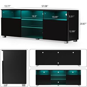 LED TV Stand for 65 inch TVs, Modern TV Stand with LED Lights and High Glossy Cabinets, Game Console Entertainment Center with Storage Shelves and Media Layers for Living Room Bedroom (Black, 57inch)…