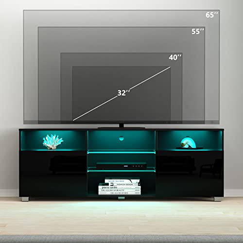 LED TV Stand for 65 inch TVs, Modern TV Stand with LED Lights and High Glossy Cabinets, Game Console Entertainment Center with Storage Shelves and Media Layers for Living Room Bedroom (Black, 57inch)…