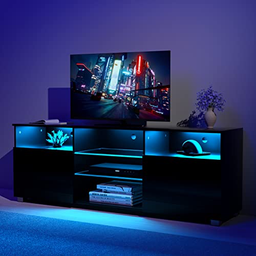 LED TV Stand for 65 inch TVs, Modern TV Stand with LED Lights and High Glossy Cabinets, Game Console Entertainment Center with Storage Shelves and Media Layers for Living Room Bedroom (Black, 57inch)…