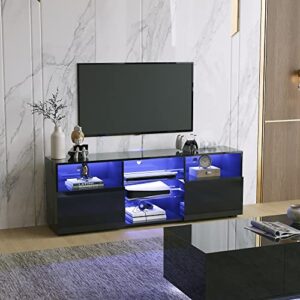 LED TV Stand for 65 inch TVs, Modern TV Stand with LED Lights and High Glossy Cabinets, Game Console Entertainment Center with Storage Shelves and Media Layers for Living Room Bedroom (Black, 57inch)…