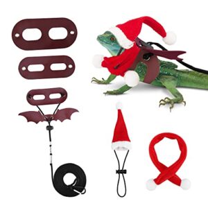 Mogoko Christmas Lizard Leash Bearded Dragon Harness Bat Wing Bowler hat Red Bow Tie Adjustable (S,M,L) Leather Reptile Lizard Leash for Gecko, Iguanas,Lizard Amphibians and Small Pet Animals Brown