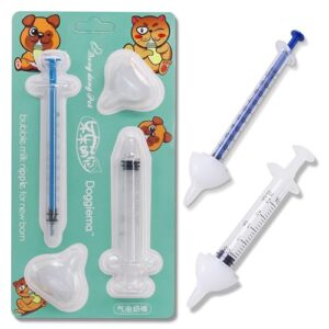 bubble milk bowl silicone feeding nipple and syringes for newborn kittens, puppies, rabbits, small animals dongdong pet (2 mini white nipple+2 syringes)