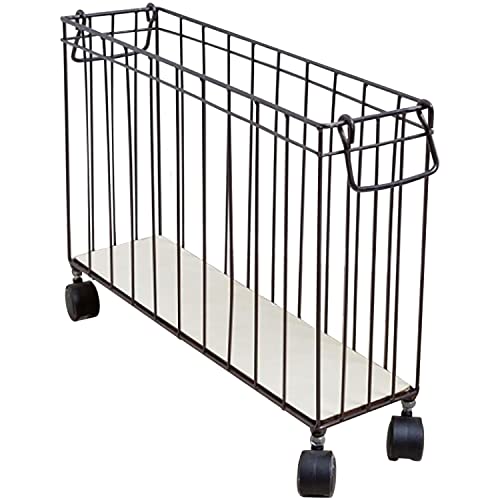 Metal Rack Storage Organizer - Wire Basket File Organizer - Magazine Holder - Metal Wire Rack Caddy w/ Wheels & Removable Liner - Slim Small Basket Storage Container, 19.7x5x13.8” Black Wire Basket