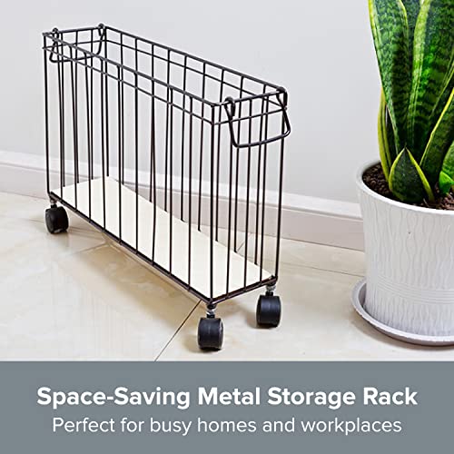 Metal Rack Storage Organizer - Wire Basket File Organizer - Magazine Holder - Metal Wire Rack Caddy w/ Wheels & Removable Liner - Slim Small Basket Storage Container, 19.7x5x13.8” Black Wire Basket