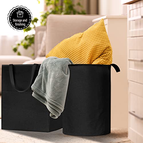 WANYU 2pcs 78L Large Canvas Fabric Lightweight Storage Basket Freestanding Laundry Hamper, Collapsible Large Laundry Bag, Folding Washing Bin, for Clothes Toys. (Square+Round, Black