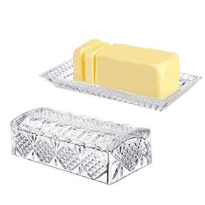 MyGift Clear Covered Butter Dish Glass Butter Keeper with Vintage Embossed Diamond Pattern Design