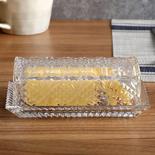 MyGift Clear Covered Butter Dish Glass Butter Keeper with Vintage Embossed Diamond Pattern Design