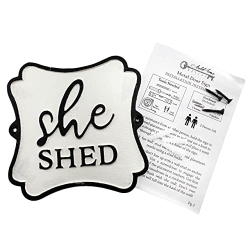 AuldHome Cast Iron She Shed Sign, Black-and-White Decorative Rustic Plaque