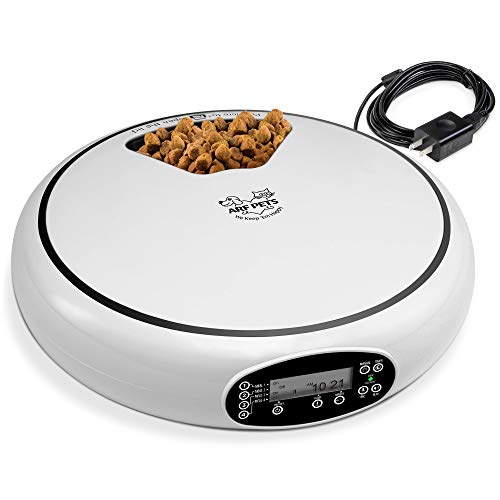 Arf Pets Automatic Pet Feeder, 5 Meal Food Dispenser for Dogs, Cats & Small Animals w/Programmable Timer, Dishwasher-Safe Tray Feeds Wet or Dry Food - (Serves 4 Meals Per Day) Adopter Included