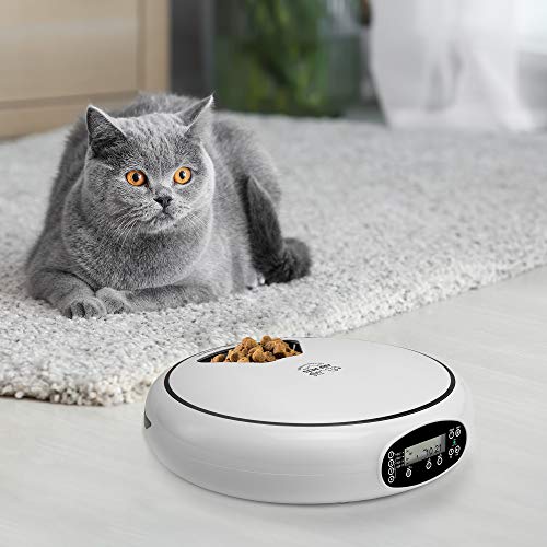 Arf Pets Automatic Pet Feeder, 5 Meal Food Dispenser for Dogs, Cats & Small Animals w/Programmable Timer, Dishwasher-Safe Tray Feeds Wet or Dry Food - (Serves 4 Meals Per Day) Adopter Included