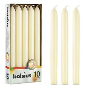 bolsius 10 count household ivory dinner candles - 9 inches - premium european quality - approx. 8 hours burn time - unscented dripless and smokeless, restaurant, wedding, spa, and party candlesticks