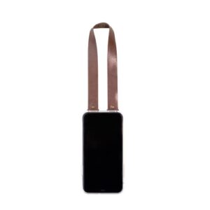 the clutch strap mini adhesive phone carrying strap with brown leather and brass hardware, 15-inches