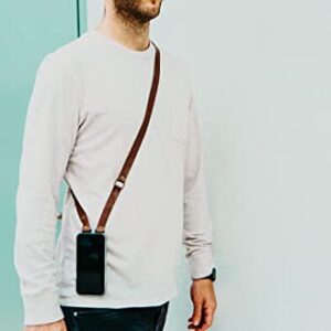 The Clutch Strap Cross-Body Adhesive Phone Carrying Strap with Brown Leather and Brass Hardware, 54-Inches