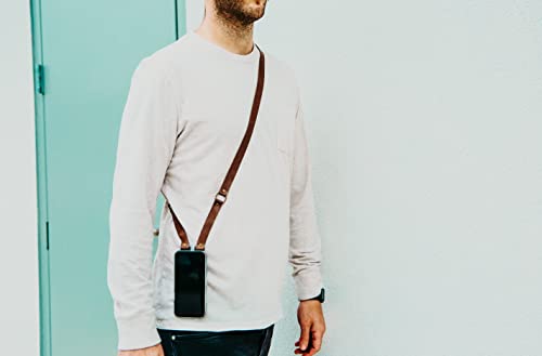 The Clutch Strap Cross-Body Adhesive Phone Carrying Strap with Brown Leather and Brass Hardware, 54-Inches