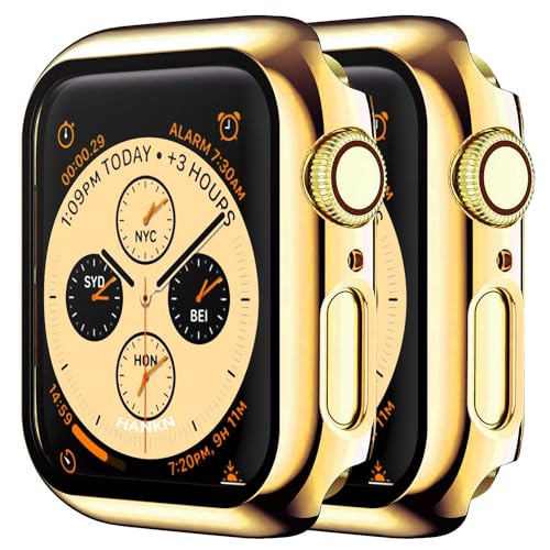 HANKN 2 Pack 45mm Tempered Glass Case Compatible with Apple Watch Series 9 8 7 45mm Tempered Glass Screen Protector Case, Plated Hard PC Cover Shockproof Iwatch Bumper (45mm, Gold+Gold)