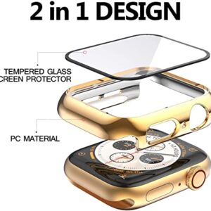 HANKN 2 Pack 45mm Tempered Glass Case Compatible with Apple Watch Series 9 8 7 45mm Tempered Glass Screen Protector Case, Plated Hard PC Cover Shockproof Iwatch Bumper (45mm, Gold+Gold)