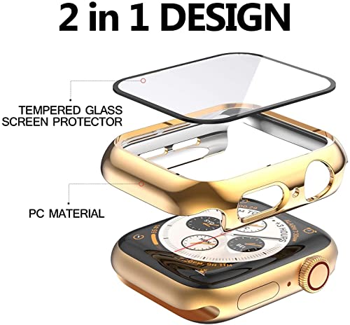 HANKN 2 Pack 45mm Tempered Glass Case Compatible with Apple Watch Series 9 8 7 45mm Tempered Glass Screen Protector Case, Plated Hard PC Cover Shockproof Iwatch Bumper (45mm, Gold+Gold)