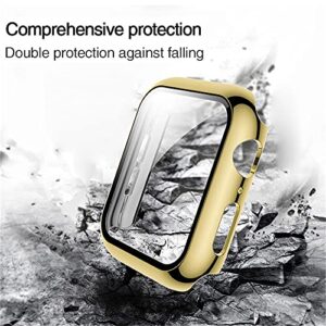 HANKN 2 Pack 45mm Tempered Glass Case Compatible with Apple Watch Series 9 8 7 45mm Tempered Glass Screen Protector Case, Plated Hard PC Cover Shockproof Iwatch Bumper (45mm, Gold+Gold)