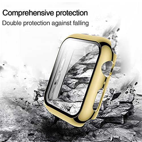 HANKN 2 Pack 45mm Tempered Glass Case Compatible with Apple Watch Series 9 8 7 45mm Tempered Glass Screen Protector Case, Plated Hard PC Cover Shockproof Iwatch Bumper (45mm, Gold+Gold)