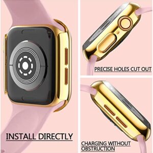 HANKN 2 Pack 45mm Tempered Glass Case Compatible with Apple Watch Series 9 8 7 45mm Tempered Glass Screen Protector Case, Plated Hard PC Cover Shockproof Iwatch Bumper (45mm, Gold+Gold)