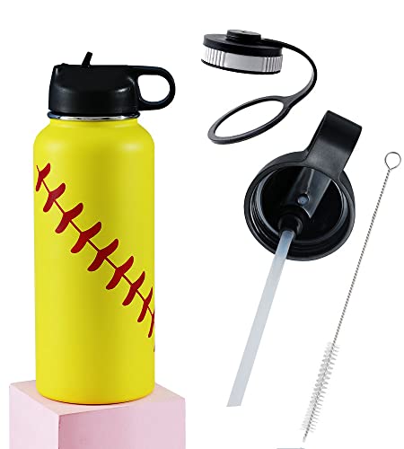 32 oz Baseball Sports Water Bottle Insulated 2 Lids Straw Travel Tumbler Durable Stainless Steel Vacuum Bottle (Yellow)