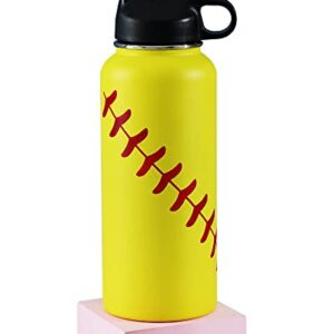 32 oz Baseball Sports Water Bottle Insulated 2 Lids Straw Travel Tumbler Durable Stainless Steel Vacuum Bottle (Yellow)