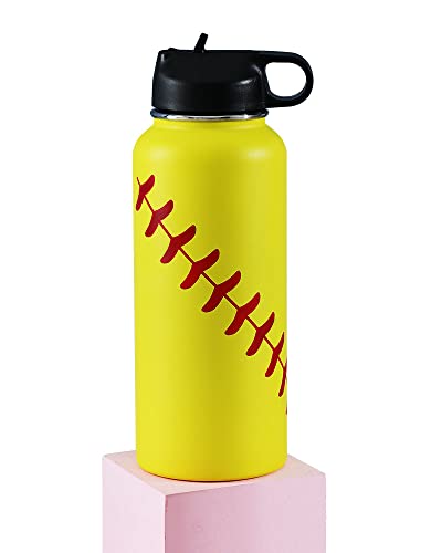 32 oz Baseball Sports Water Bottle Insulated 2 Lids Straw Travel Tumbler Durable Stainless Steel Vacuum Bottle (Yellow)