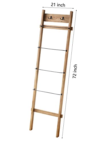 iltokk Wooden Blanket Ladder: 6ft Wall Leaning Blanket Ladder, Rustic Decorative Quilt Ladder, 4-Tier Farmhouse Blanket Ladder with 2 Hanging Hooks, for Bedroom, Brown
