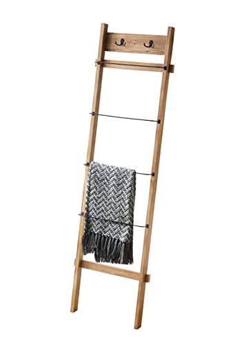 iltokk Wooden Blanket Ladder: 6ft Wall Leaning Blanket Ladder, Rustic Decorative Quilt Ladder, 4-Tier Farmhouse Blanket Ladder with 2 Hanging Hooks, for Bedroom, Brown