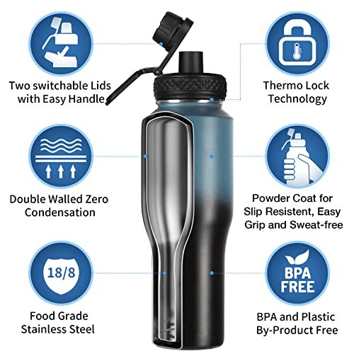 Uchiers 32oz Tumbler with Handle Stainless Steel Water Bottle Fit Car Cup Holder, Vacuum Double Wall Flask with Straw Lid, Spout lid, Keep Cold for 24 Hrs, Hot for 12 Hrs(Blue/Black)