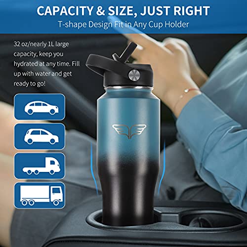 Uchiers 32oz Tumbler with Handle Stainless Steel Water Bottle Fit Car Cup Holder, Vacuum Double Wall Flask with Straw Lid, Spout lid, Keep Cold for 24 Hrs, Hot for 12 Hrs(Blue/Black)