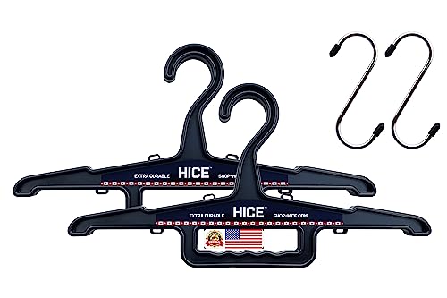 HICE Heavy Duty Standard Hanger | Set of 2 | 150 lb Load Capacity | Durable High Impact Resin | for Heavy Hunting Gear, Wetsuits, Coats, Dress Shirts, Motorcycle Jackets, Bulky Clothing (Black)