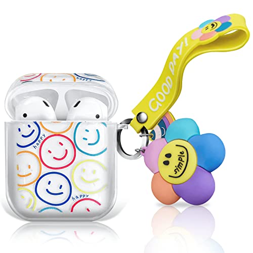 MOLOVA Airpods Case Cover,Cute Double Side Smiley Face Clear Soft Silicone Smooth Shockproof with Keychain Girls Kids Women airpods Smiley face Case for Airpods 2 & 1 Charging Case Cover