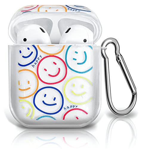 MOLOVA Airpods Case Cover,Cute Double Side Smiley Face Clear Soft Silicone Smooth Shockproof with Keychain Girls Kids Women airpods Smiley face Case for Airpods 2 & 1 Charging Case Cover