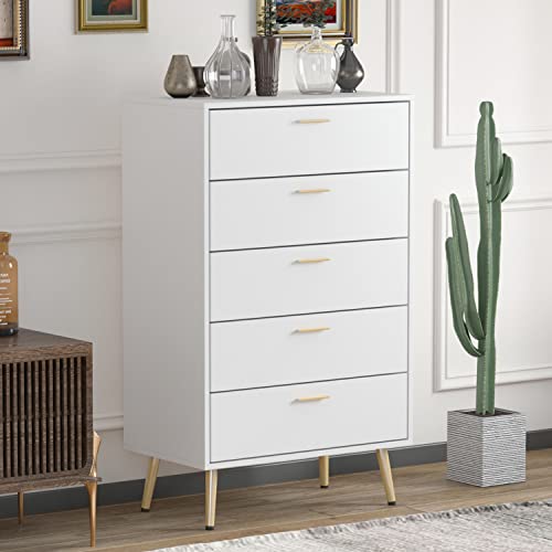 ECACAD Modern Dresser with 5 Drawers, Wood Dresser Storage Chest with Gold Metal Legs for Bedroom, Living Room, White (27.4”L x 15.6”W x 44.9”H)